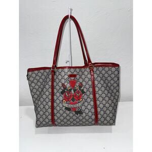 Gucci Heart Tattoo GG Supreme Canvas Patent Leather Joy Tote Bag Grey/Red